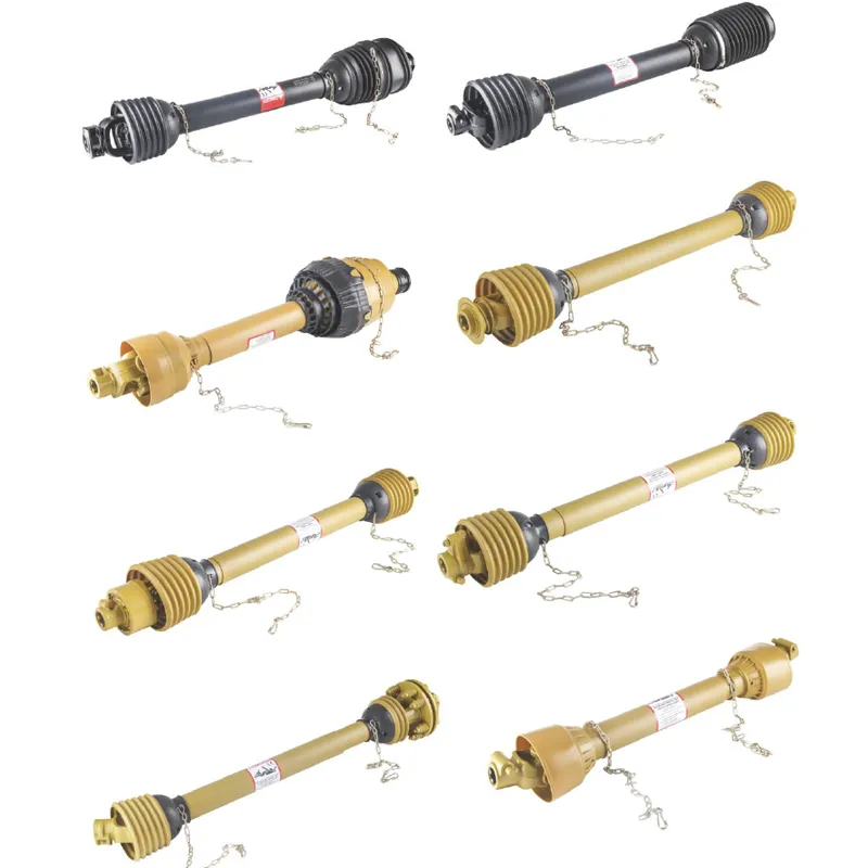 PTO shaft diagram showing key components including universal joints, telescopic tubes, yokes, and safety shield for troubleshooting reference